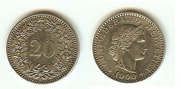 Swiss 20 rappen 1900 AU